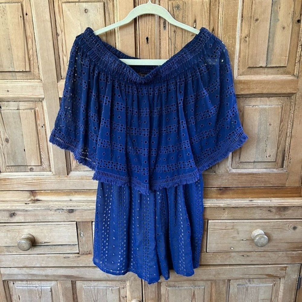 Ranna Gill Medium Navy Blue Lace Romper Off The‎ Shoulder Layered Shorts Anthro